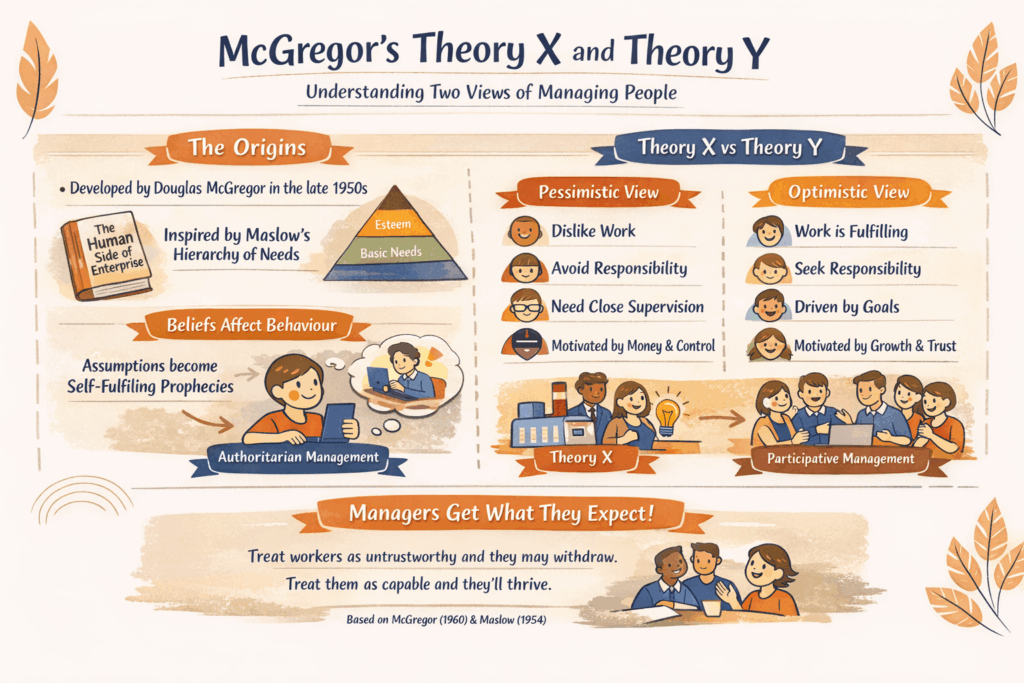 Douglas McGregor’s Theory X and Theory Y suggest that managers’ beliefs shape behaviour, and effective leadership balances control with trust