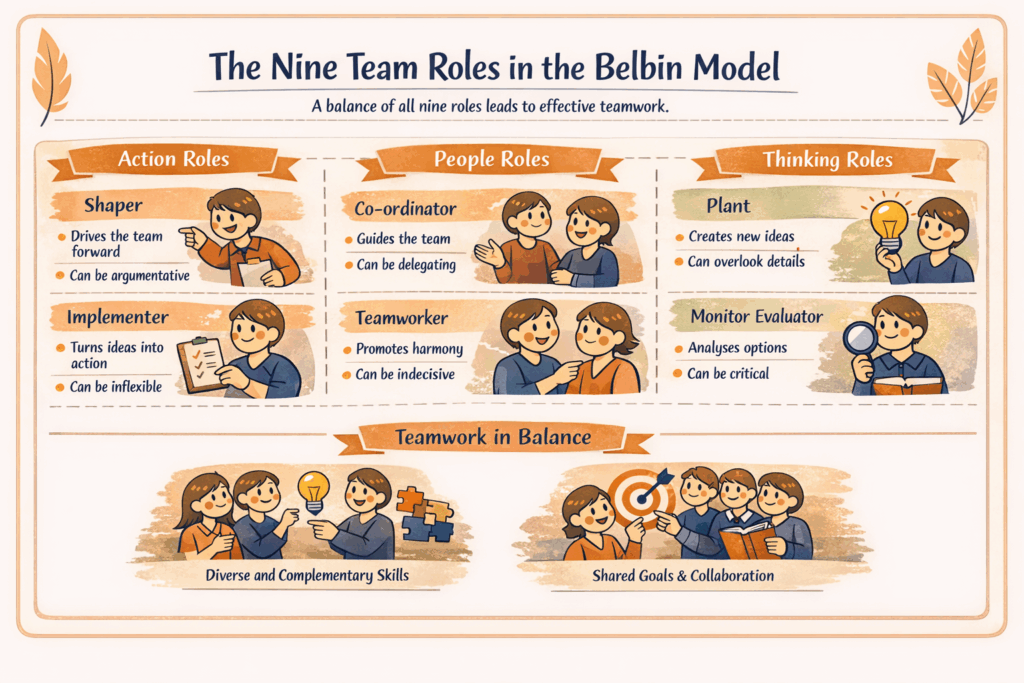 The nine team roles of the Belbin model diagram