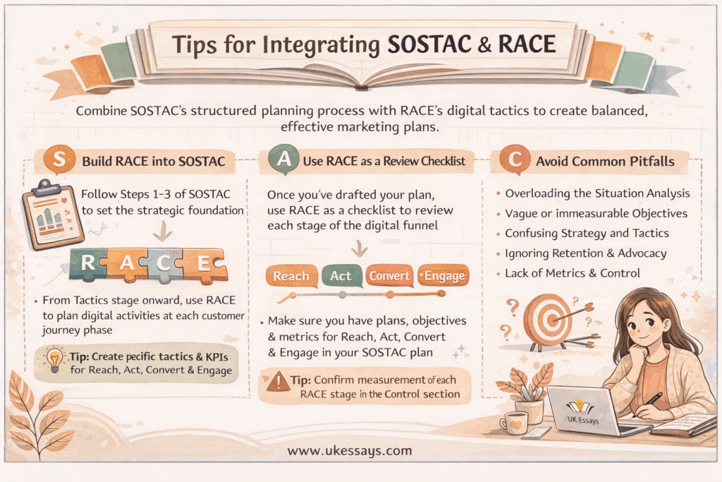 Tips for integrating SOSTAC and RACE infographic